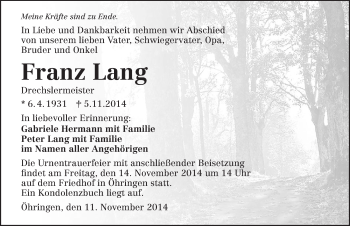 Traueranzeige von Franz Lang 