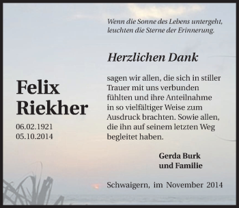 Traueranzeige von Felix Riekher 