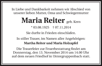 Traueranzeige von Maria Reiter 