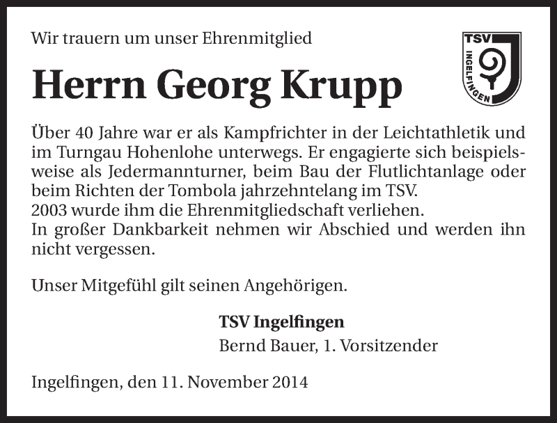  Traueranzeige für Georg Krupp vom 11.11.2014 aus 