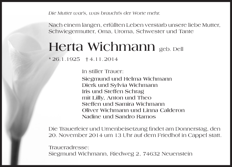  Traueranzeige für Herta Wichmann vom 15.11.2014 aus 