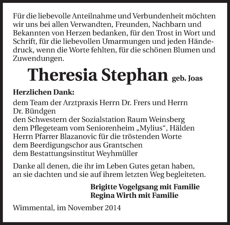  Traueranzeige für Theresia Stephan vom 12.11.2014 aus 