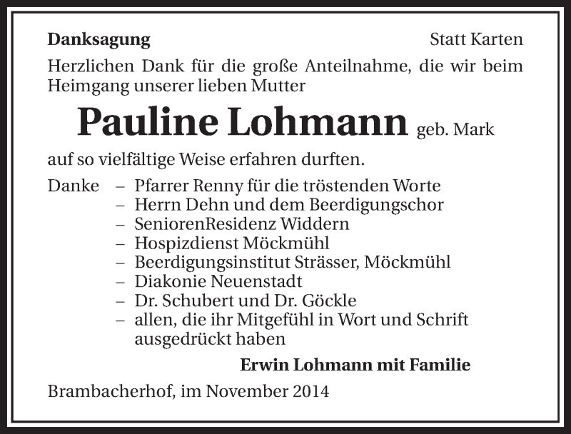  Traueranzeige für Pauline Lohmann vom 15.11.2014 aus 