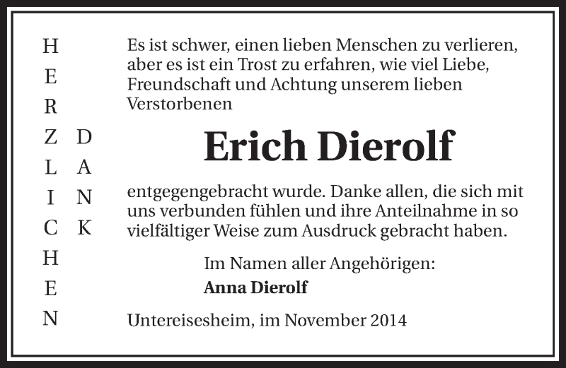  Traueranzeige für Erich Dierolf vom 13.11.2014 aus 