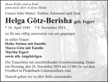 Traueranzeige von Helga Götz-Berischa 