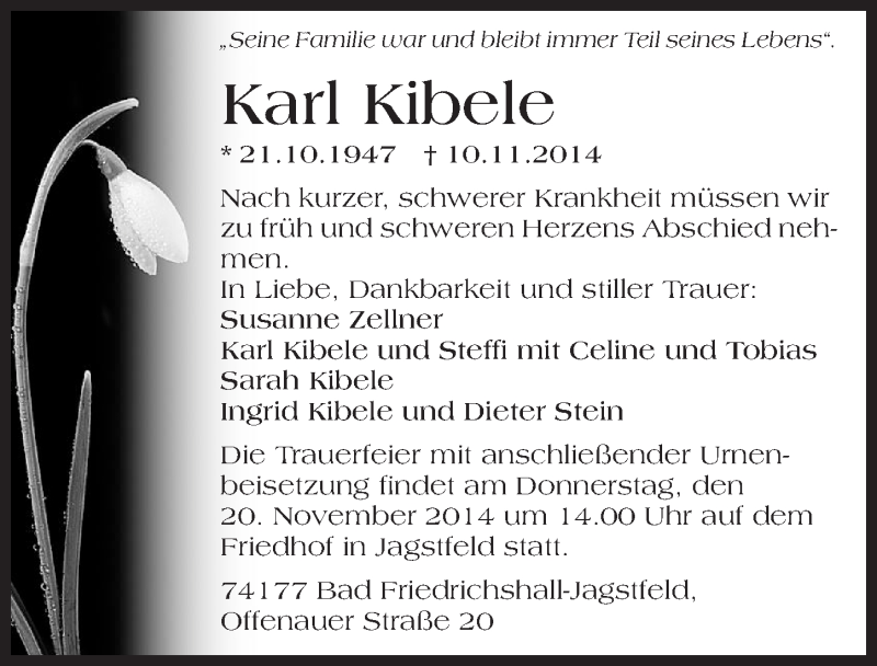  Traueranzeige für Karl Kibele vom 15.11.2014 aus 