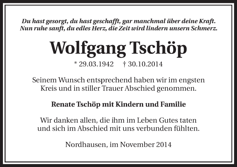  Traueranzeige für Wolfgang Tschöp vom 15.11.2014 aus 