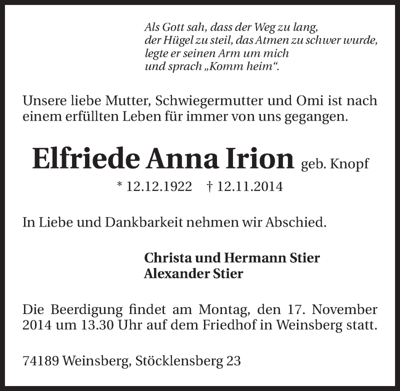  Traueranzeige für Elfriede Anna Irion vom 14.11.2014 aus 