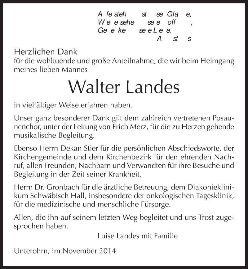  Traueranzeige für Walter Landes vom 19.11.2014 aus 