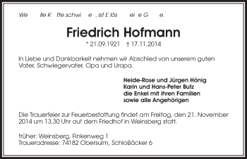 Traueranzeige von Friedrich Hofmann 