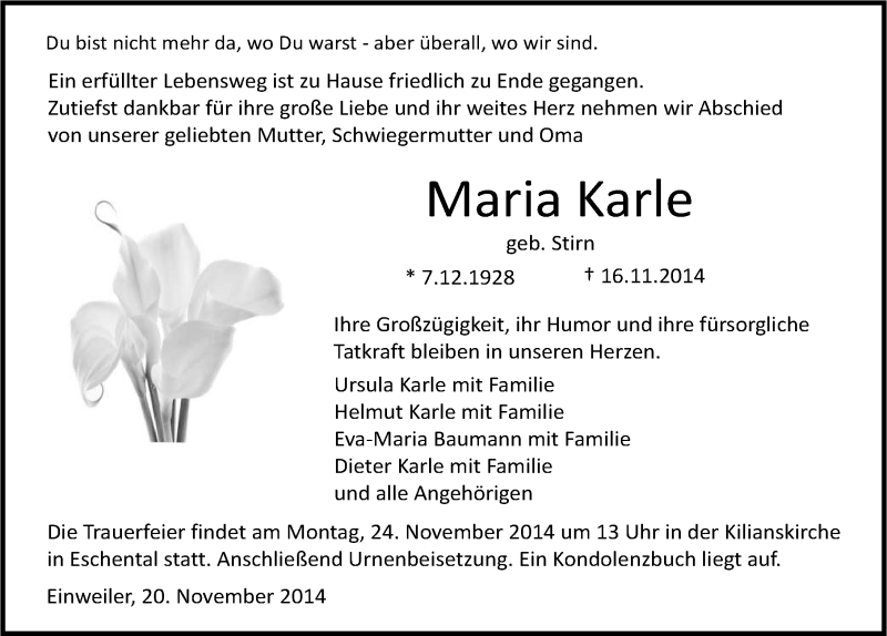  Traueranzeige für Maria Karle vom 20.11.2014 aus 