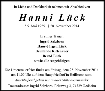 Traueranzeige von Hanni Lück 