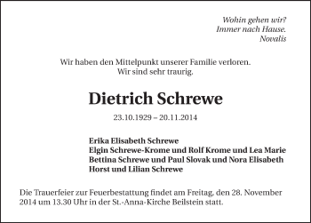Traueranzeige von Dietrich Schrewe 