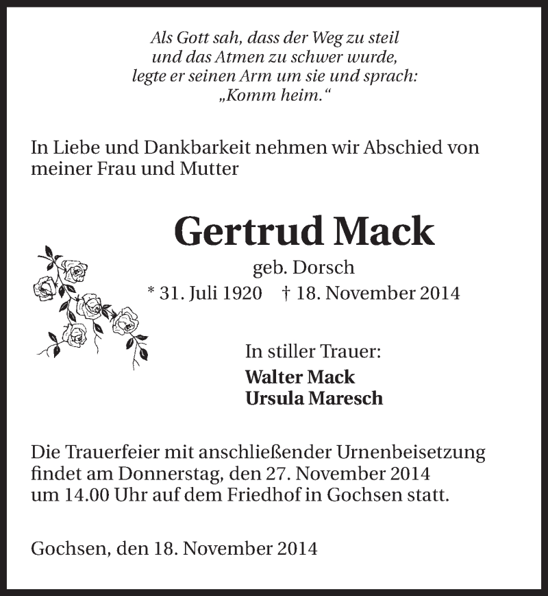  Traueranzeige für Gertrud Mack vom 25.11.2014 aus 