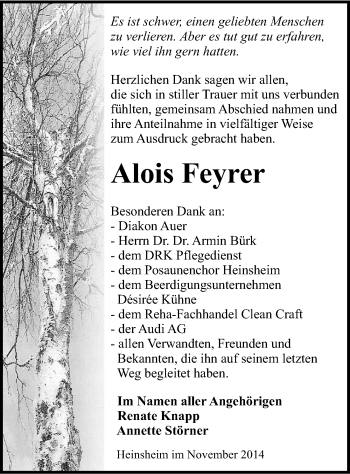 Traueranzeige von Alois Feyrer 