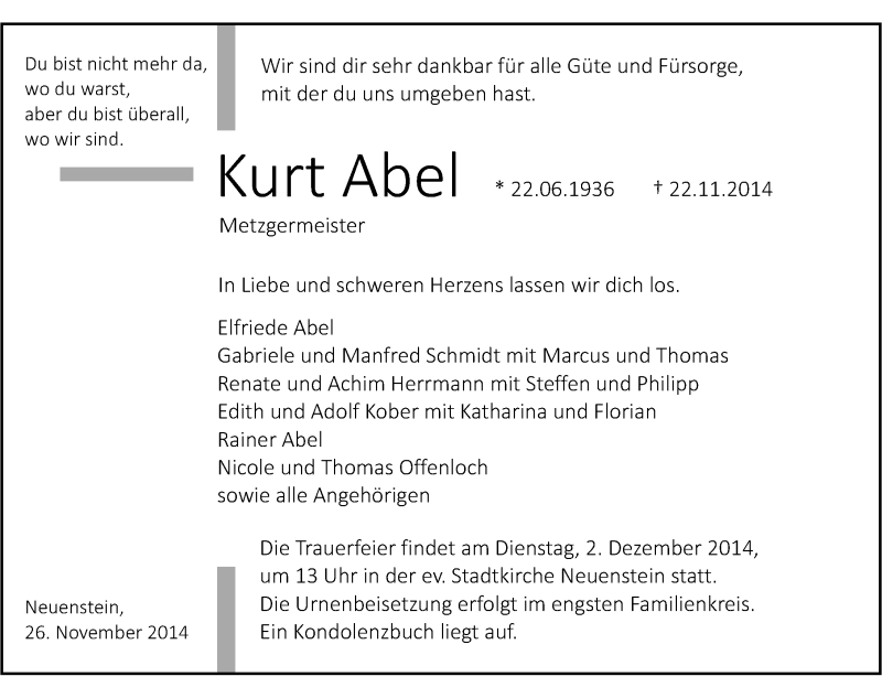  Traueranzeige für Kurt Abel vom 26.11.2014 aus 