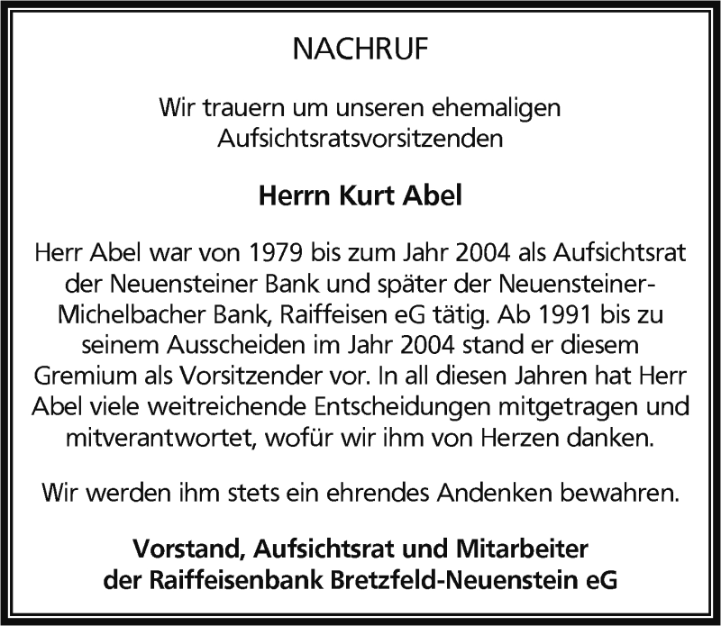  Traueranzeige für Kurt Abel vom 27.11.2014 aus 