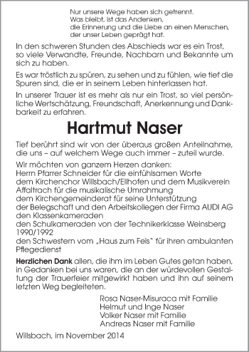 Traueranzeige von Hartmut Naser 