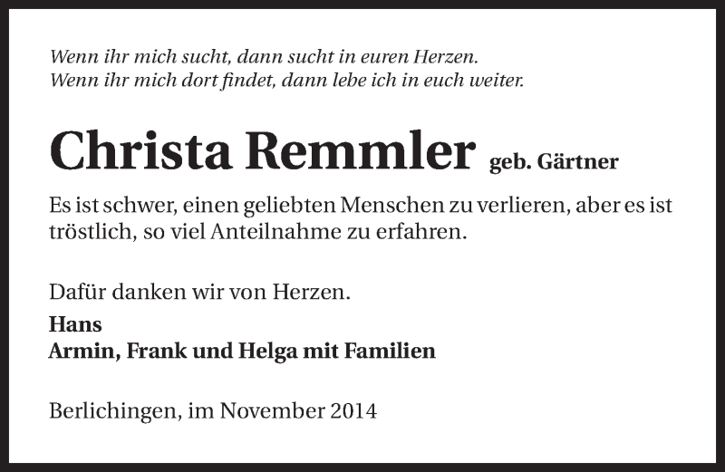  Traueranzeige für Christa Remmler vom 29.11.2014 aus 