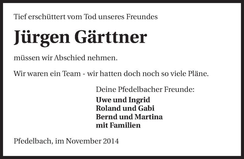  Traueranzeige für Jürgen Gärttner vom 28.11.2014 aus 