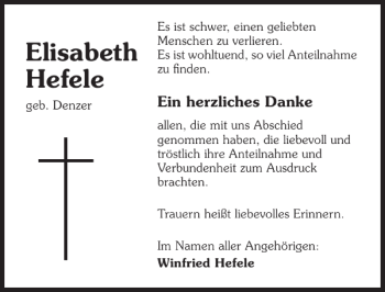 Traueranzeige von Elisabeth geb. Denzer Hefele 