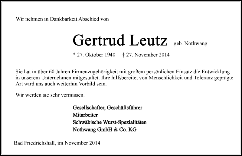  Traueranzeige für Gertrud Leutz vom 29.11.2014 aus 