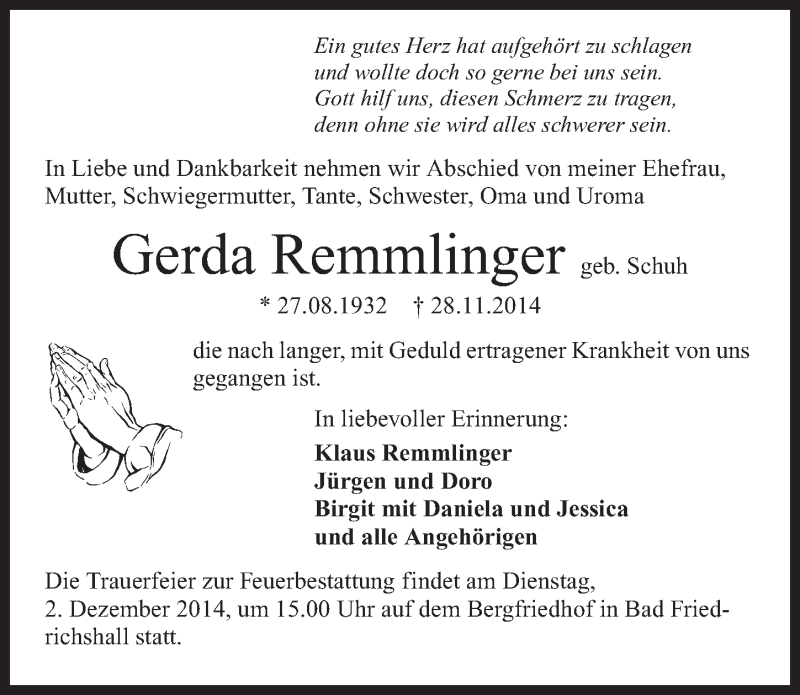 Traueranzeige für Gerda Remmlinger vom 29.11.2014 aus 