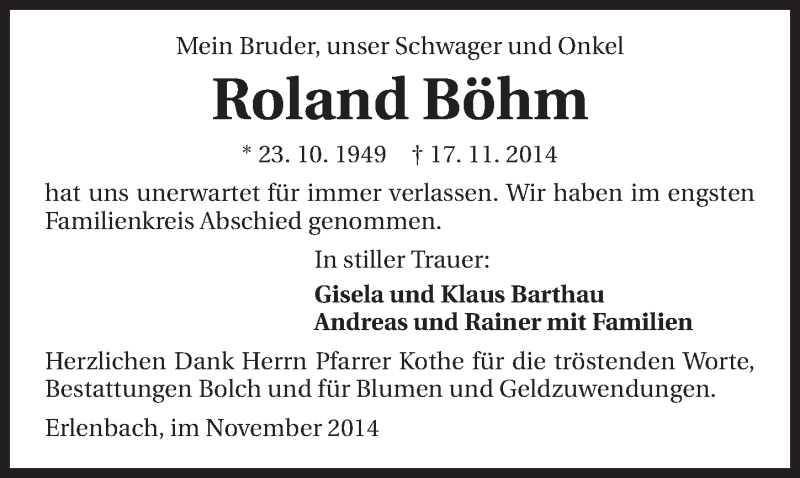  Traueranzeige für Roland Böhm vom 01.12.2014 aus 