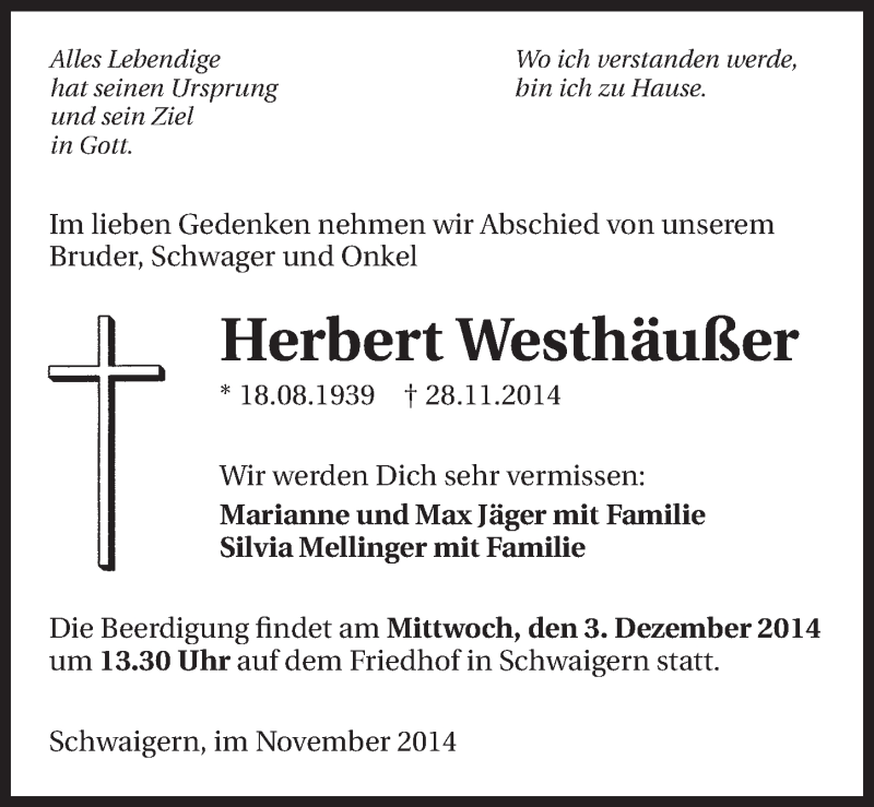  Traueranzeige für Herbert Westhäußer vom 02.12.2014 aus 