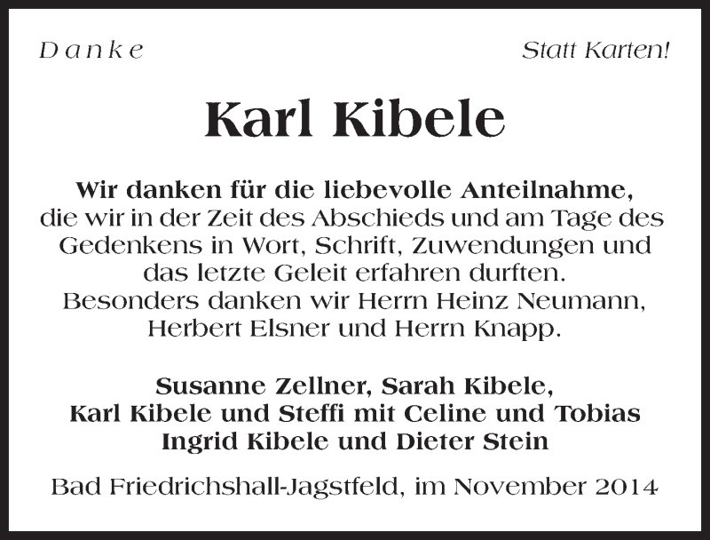  Traueranzeige für Karl Kiebele vom 06.12.2014 aus 