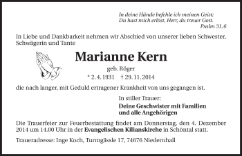 Traueranzeige von Marianne Kern 