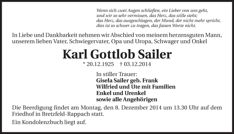  Traueranzeige für Karl Gottlob Sailer vom 05.12.2014 aus 