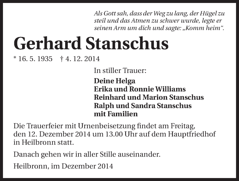  Traueranzeige für Gerhard Stanschus vom 06.12.2014 aus 