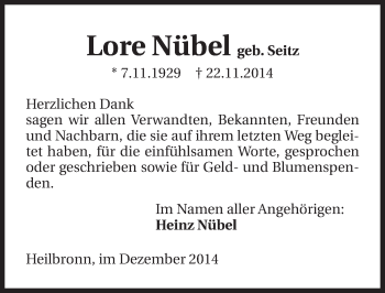 Traueranzeige von Lore Nübel 