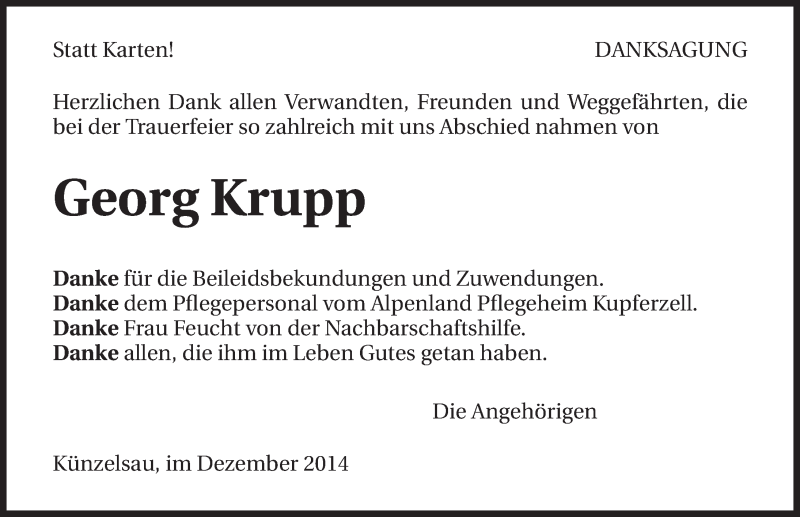  Traueranzeige für Georg Krupp vom 06.12.2014 aus 