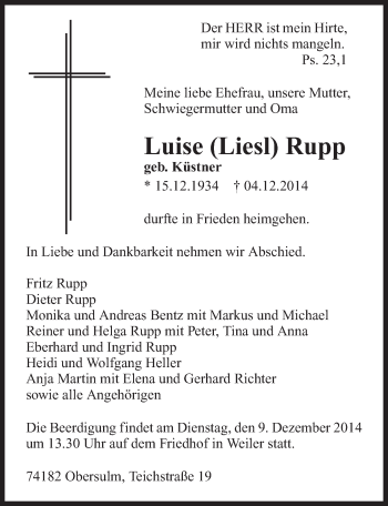 Traueranzeige von Luise Rupp 