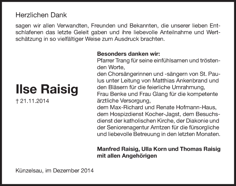  Traueranzeige für Ilse Raisig vom 09.12.2014 aus 