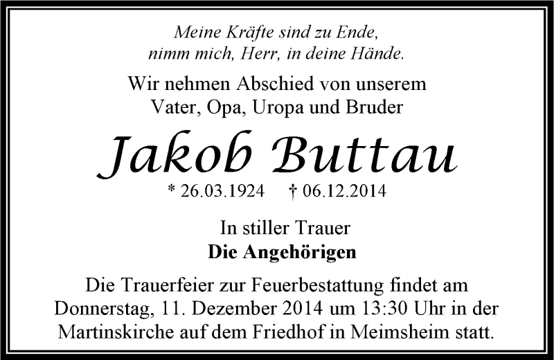  Traueranzeige für Jakob Buttau vom 09.12.2014 aus 