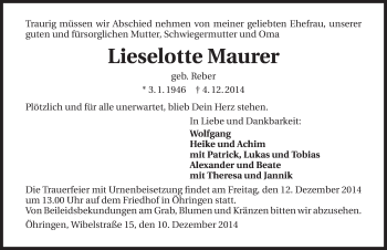 Traueranzeige von Lieselotte Maurer 