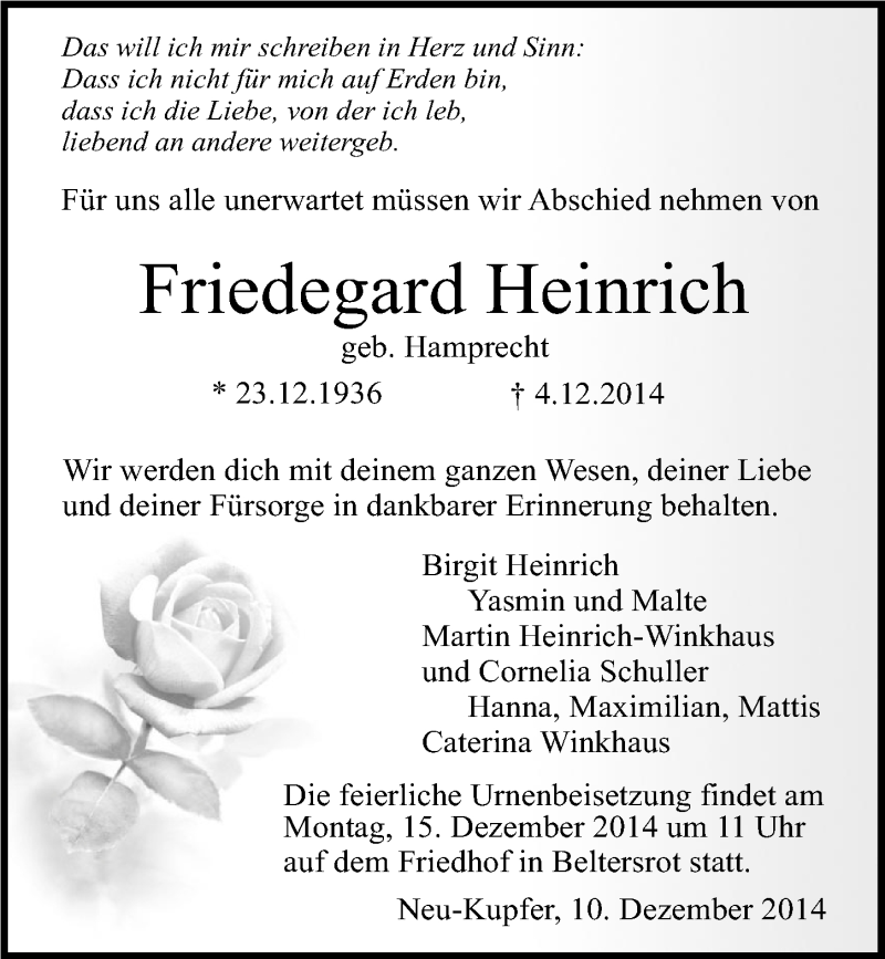  Traueranzeige für Friedegard Heinrich vom 10.12.2014 aus 