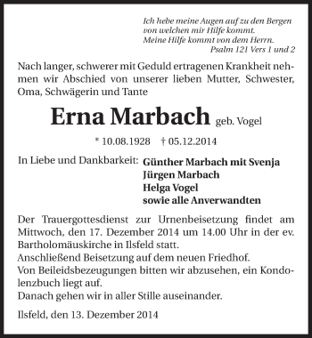 Traueranzeige von Erna Marbach 