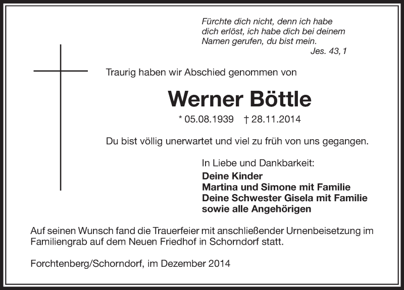  Traueranzeige für Werner Böttle vom 12.12.2014 aus 