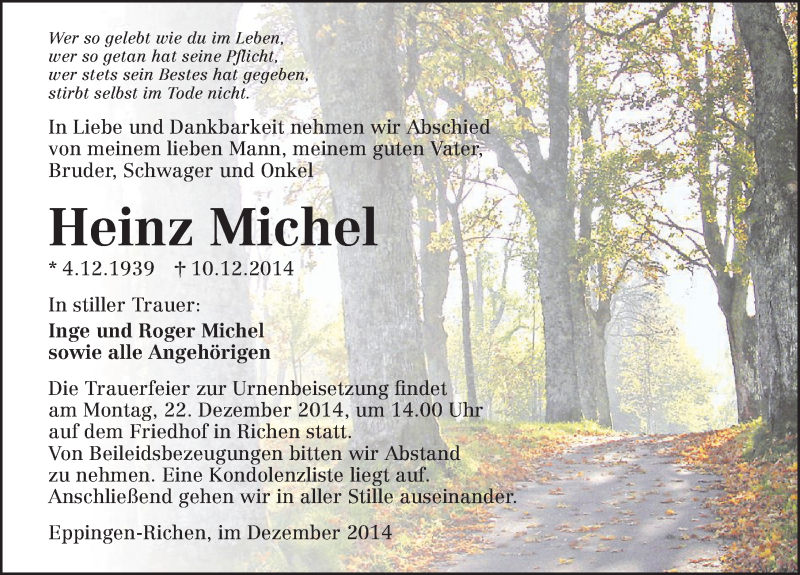  Traueranzeige für Heinz Michel vom 18.12.2014 aus 