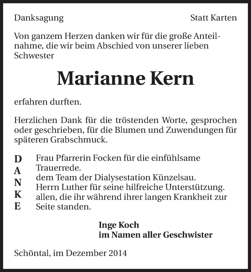  Traueranzeige für Marianne Kern vom 17.12.2014 aus 