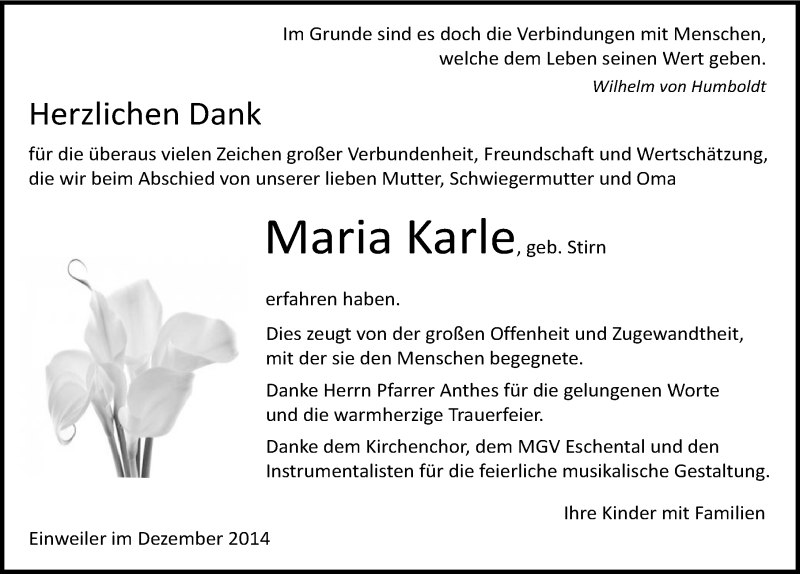  Traueranzeige für Maria Karle vom 13.12.2014 aus 