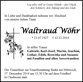 Traueranzeige von Waltraud Wöhr 