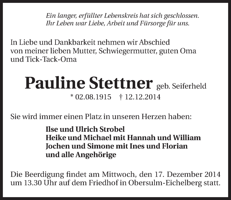  Traueranzeige für Pauline Stettner vom 13.12.2014 aus 