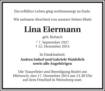 Traueranzeige von Lina Eiermann 