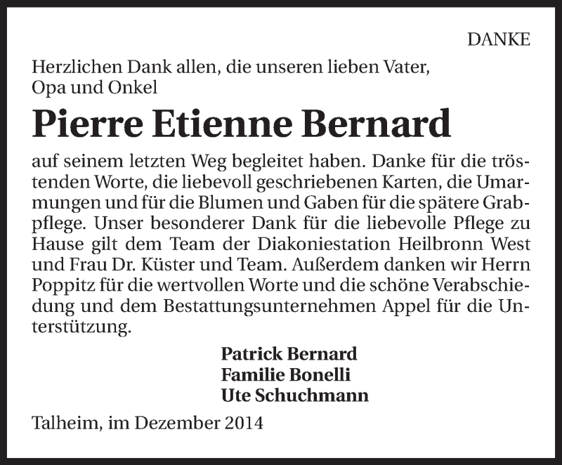  Traueranzeige für Pierre Etienne Bernard vom 16.12.2014 aus 