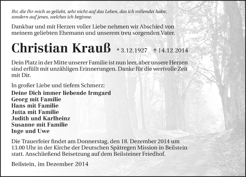  Traueranzeige für Christian Krauß vom 16.12.2014 aus 